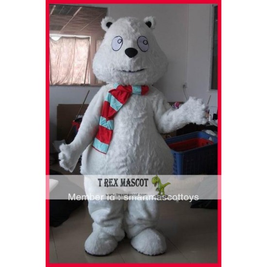 Furry White Polar Bear Mascot Costumes With Scarf For Adults