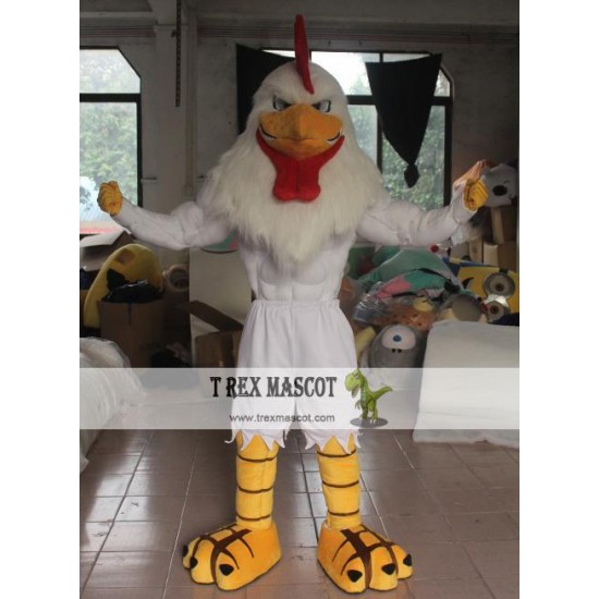 Adult White Rooster With Strong Muscle Mascot Costume