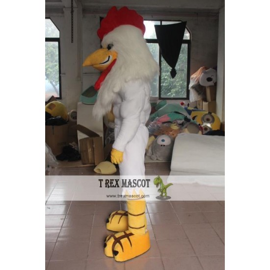 Adult White Rooster With Strong Muscle Mascot Costume