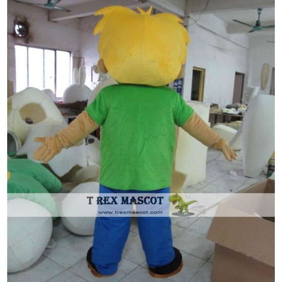 Grinning Boy With Yellow Hair Mascot Costume Boy Mascot For Adults