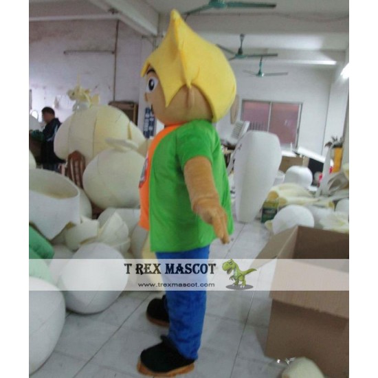 Grinning Boy With Yellow Hair Mascot Costume Boy Mascot For Adults