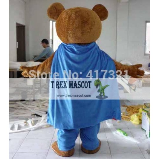 Brown Teddy Bear In A Blue Cloak Mascot Costume Adult Bear Mascot