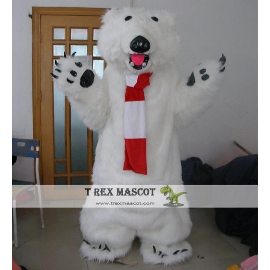 Furry Polar Bear Mascot Costume With Scarf For Adult