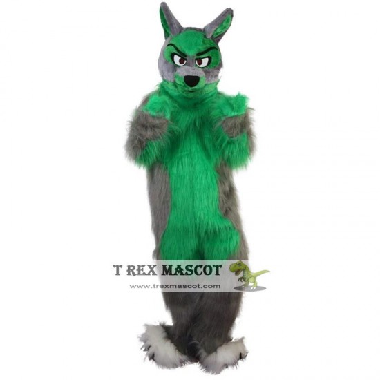 Long Hair Green Wolf Mascot Costume Adult