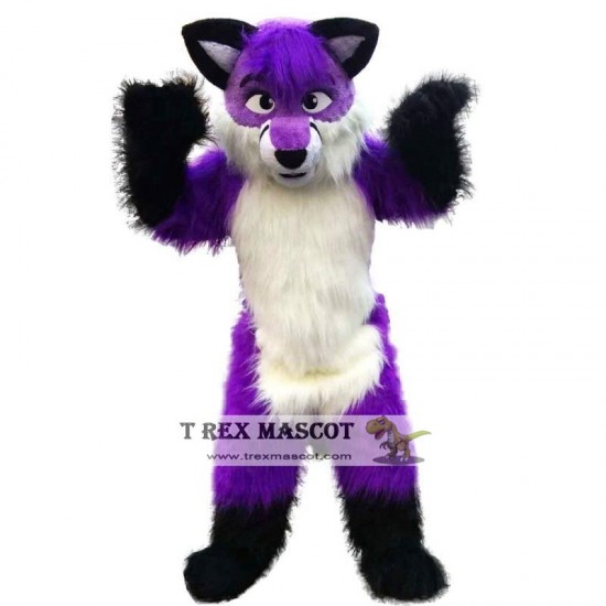 Long Hair Purple Wolf Mascot Costume Adult