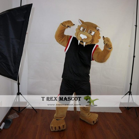 Sport Brown Leopard Mascot Costume With Black Coat