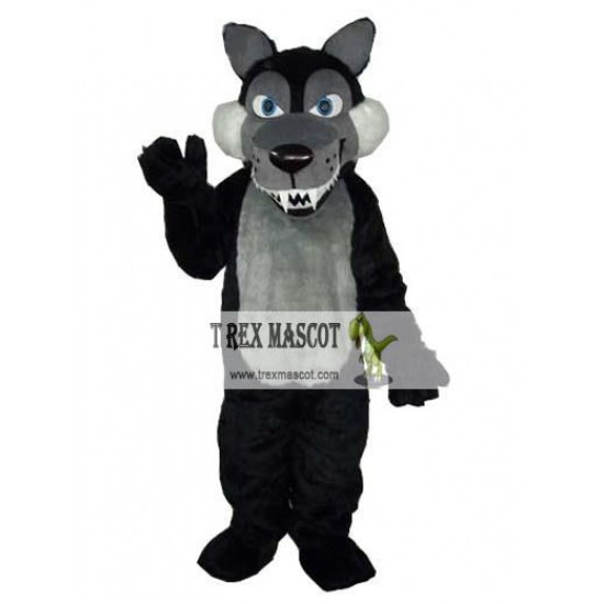 Long Wool Big Black Wolf Mascot Adult Costume