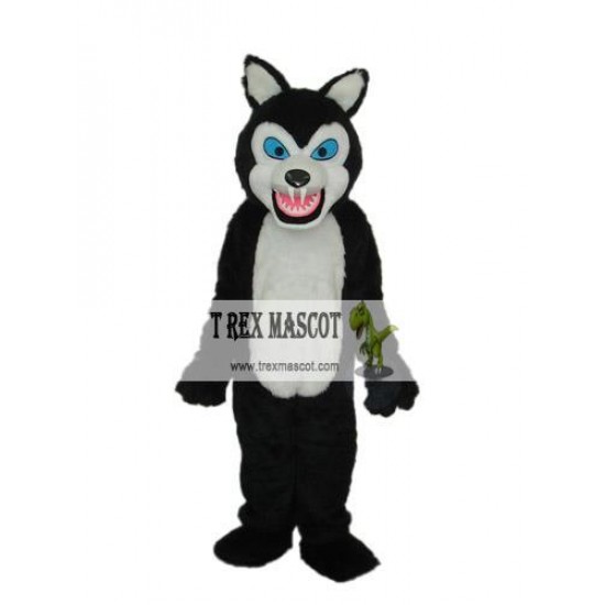 Thin Teeth Long-Haired Black Wolf Mascot Adult Costume